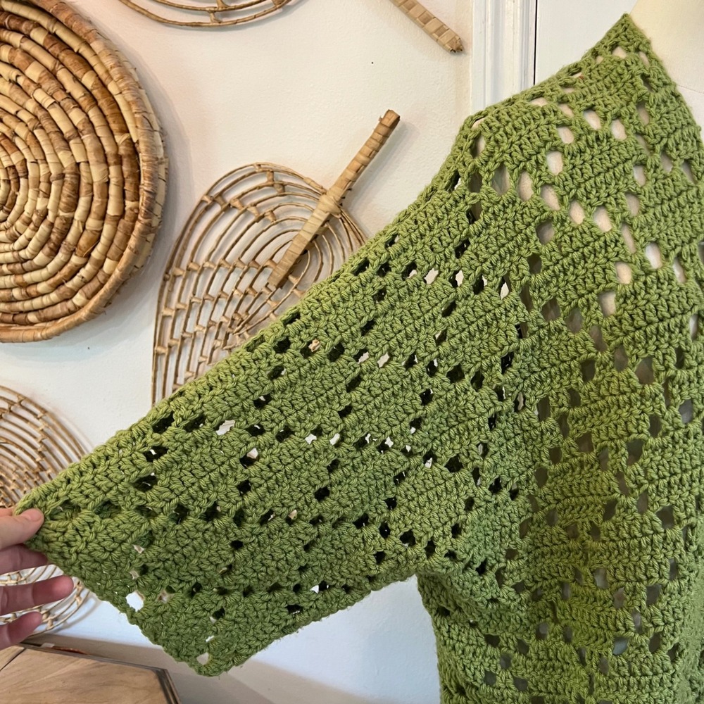 Vintage Green Handmade Crochet Knit Cardigan Kimono Boho Duster L XL - Picture 5 of 7
